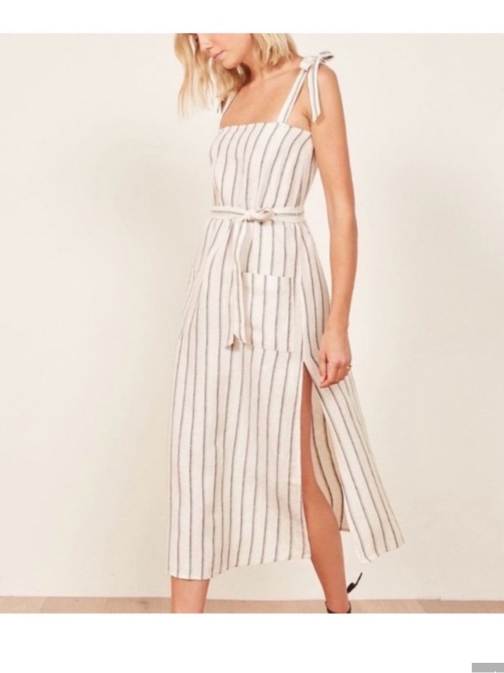 Reformation Elliot Linen Dress Cream with Vertical Stripes